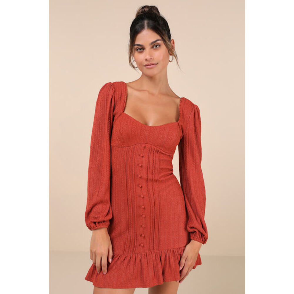 Lulus Coveted Sweetness Rust Pointelle Knit Long Sleeve Mini Dress Orange